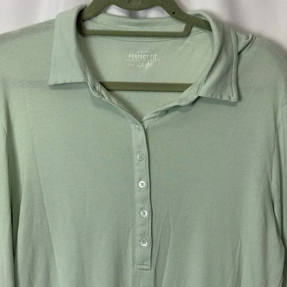 J. Crew Women’s Long Sleeve Polo Perfect Fit Mint Green Large Classic Preppy
